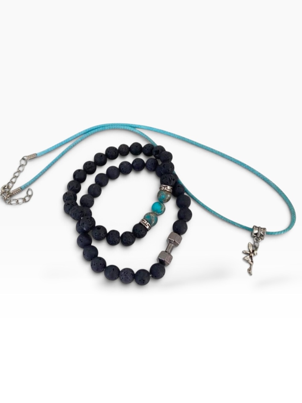 Black Lava Bead Bracelets And Turquoise Fairy Charm Necklace Set Adjustable Jewe